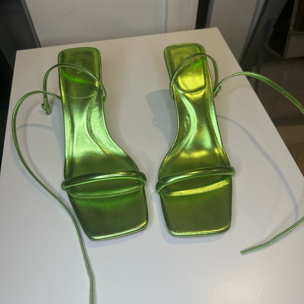 Zara Metallic Green Women's Strappy Heeled Sandals